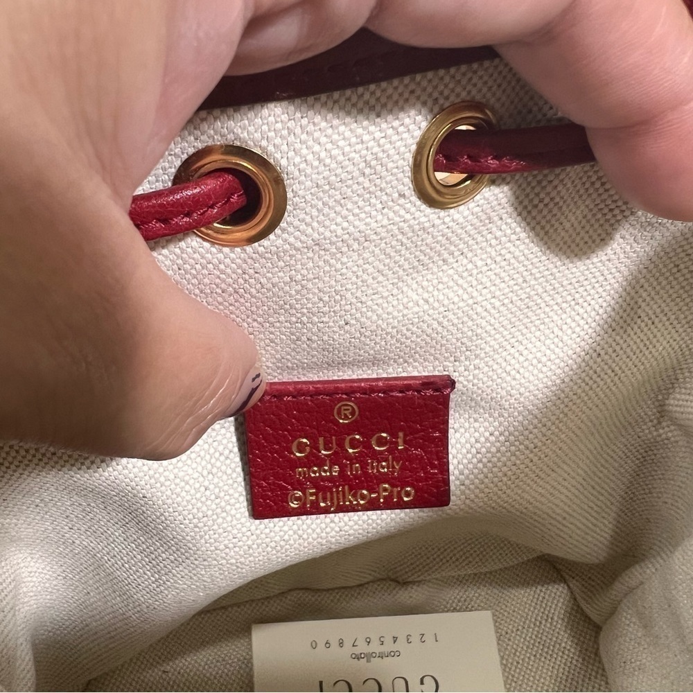 GUCCI X DORAEMON Mini Vintage GG Supreme Monogram Bucket Bag Beige Cherry NWT - Picture 7 of 16